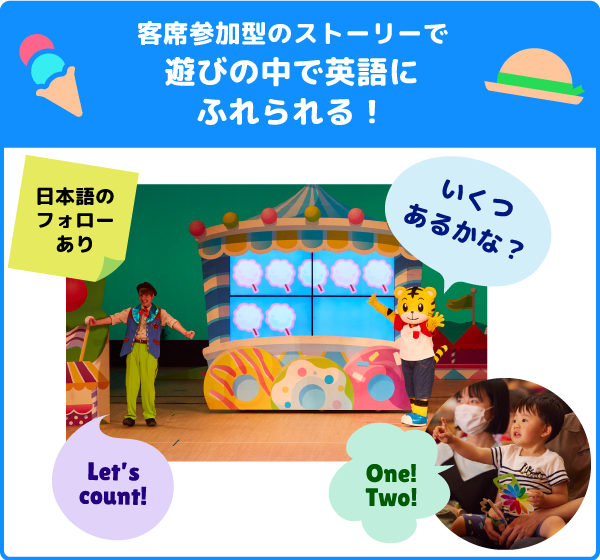 「客席参加型のストーリーで遊びの中で英語にふれられる！」日本語フォローあり。しまじろうたちが綿菓子を数えている様子。