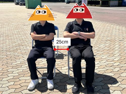 パイプ椅子2脚に着席する男性二人。パイプ椅子の横間隔は25cm。