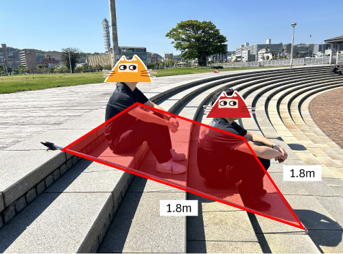 階段に着席する男性二人を横から見た構図。1升1.8m四方。