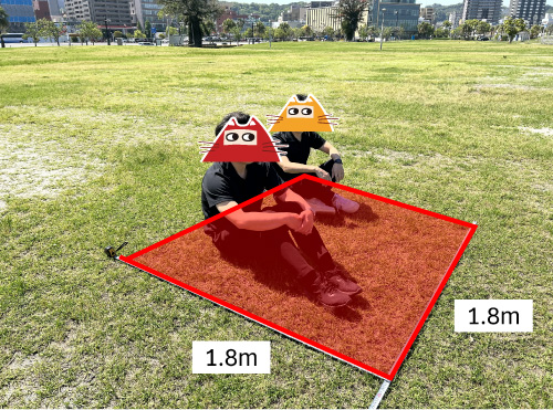 地面に着席する男性二人を斜め前から見た構図。1升1.8m四方。