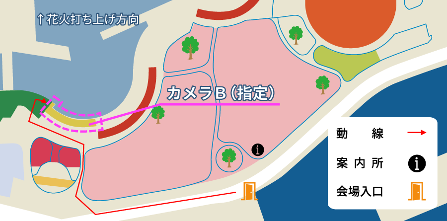 ウォーターフロントパークのカメラBエリア図。A席とD席の間。
