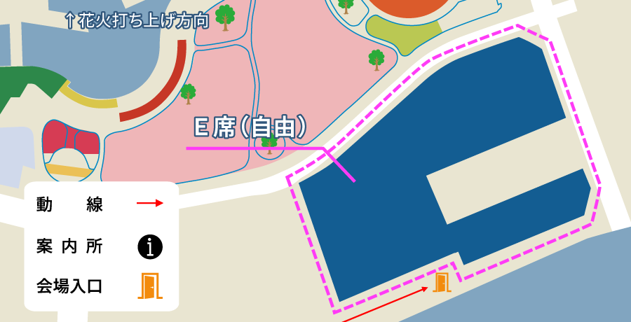 ウォーターフロントパークのE席エリア図。B席とC2席、カメラC席の後方。
