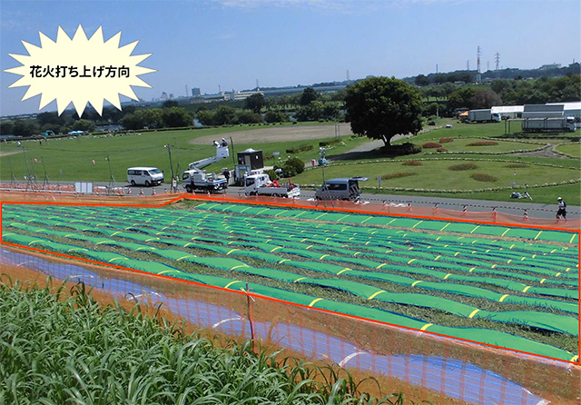 草の生えた斜面に、列ごとのブルーシートが敷いてあり、右斜め上から撮影した写真。左手側に打ち上げ方向
