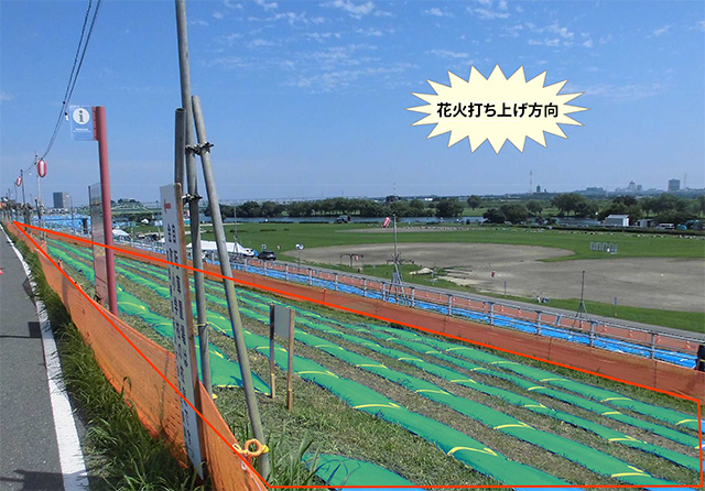 草の生えた斜面に、列ごとのブルーシートが敷いてあり、右斜め上から撮影した写真。左手側に打ち上げ方向