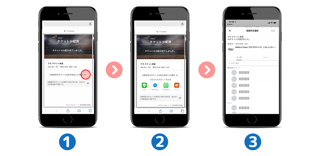 1.チケット詳細画面の「分配相手がチケットURLを紛失した場合」の下矢印マーク部分がハイライトされている画像。2.分配方法を選択する画面。3.送信先選択画面。