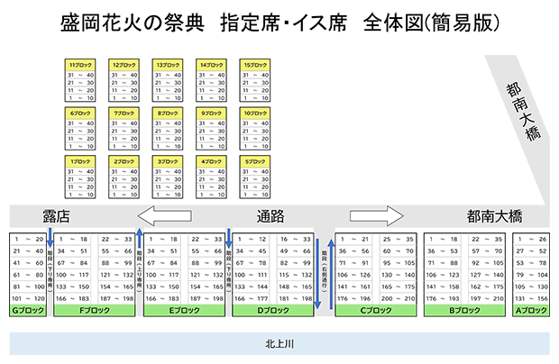指定席・イス席全体図。各ブロックの座席配置図。