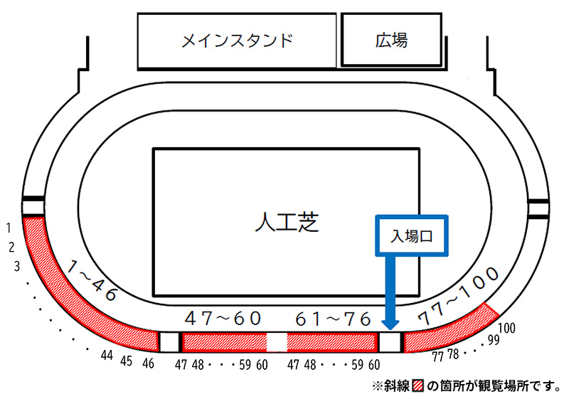 陸上競技場マス席座席配置図。観覧場所に赤斜線が塗られている。