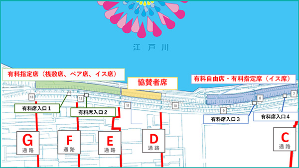 有料席案内図。花火に向かって左側に有料指定席の桟敷席とペア席と椅子席が配置されている。その右隣に協賛席があり、少し空いて花火に向かって右側に有料自由席と有料指定席の椅子席が配置されている。